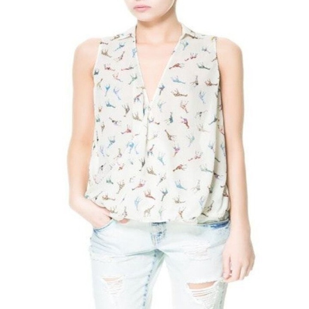 Zara Trafaluc Womens XS White Colorful Giraffe Print Sleeveless Wrap Blouse Top